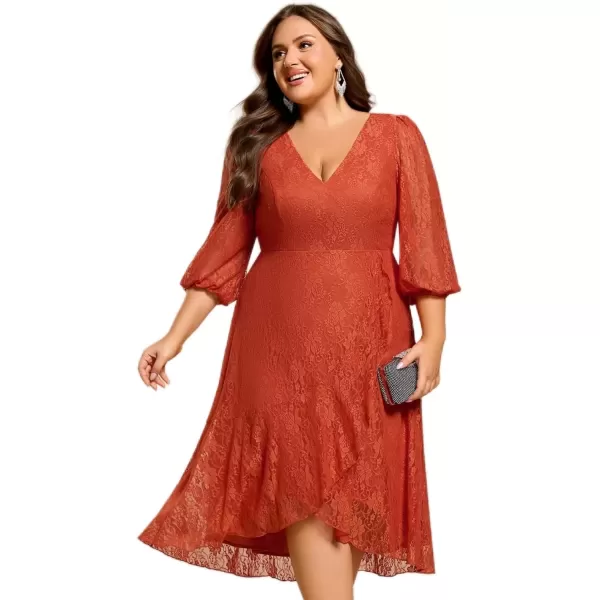 imageEverPretty Womens V Neck Lace Fall Winter Formal Dresses Plus Size Midi Wedding Guest Dresses with Lantern Sleeves 02238DABurnt Orange