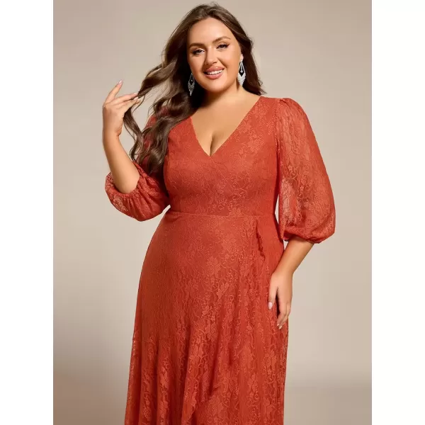 imageEverPretty Womens V Neck Lace Fall Winter Formal Dresses Plus Size Midi Wedding Guest Dresses with Lantern Sleeves 02238DABurnt Orange