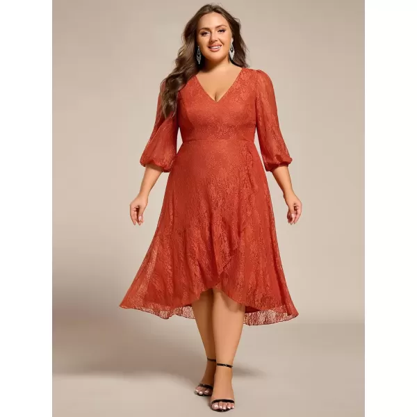 imageEverPretty Womens V Neck Lace Fall Winter Formal Dresses Plus Size Midi Wedding Guest Dresses with Lantern Sleeves 02238DABurnt Orange