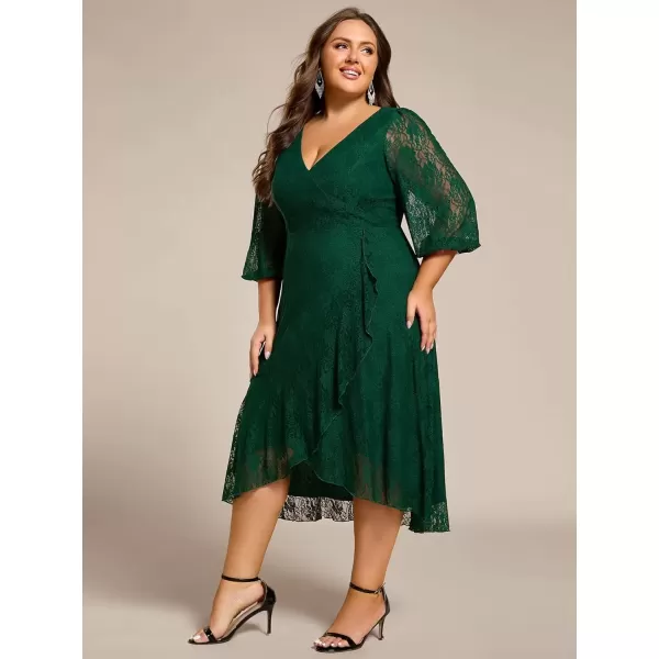 imageEverPretty Womens V Neck Lace Fall Winter Formal Dresses Plus Size Midi Wedding Guest Dresses with Lantern Sleeves 02238DADark Green