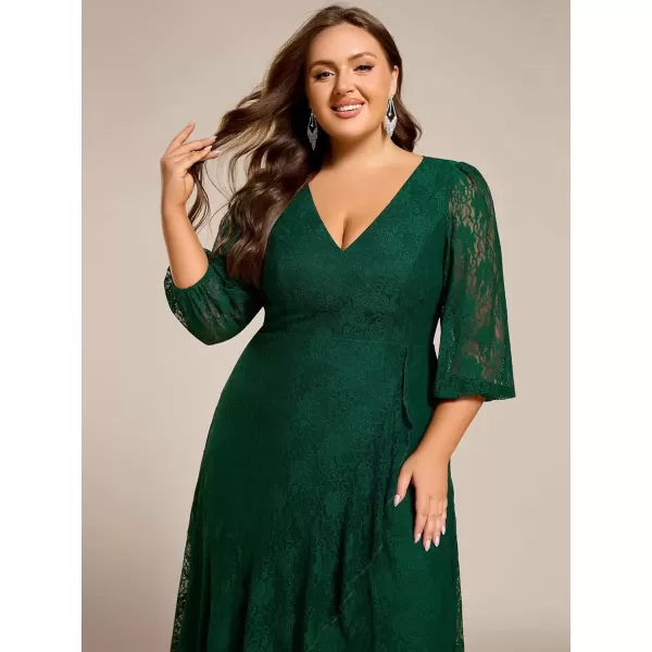 imageEverPretty Womens V Neck Lace Fall Winter Formal Dresses Plus Size Midi Wedding Guest Dresses with Lantern Sleeves 02238DADark Green