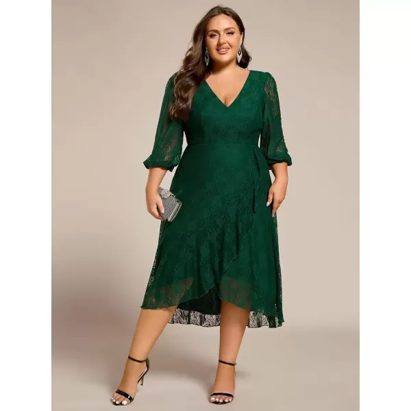 imageEverPretty Womens V Neck Lace Fall Winter Formal Dresses Plus Size Midi Wedding Guest Dresses with Lantern Sleeves 02238DADark Green