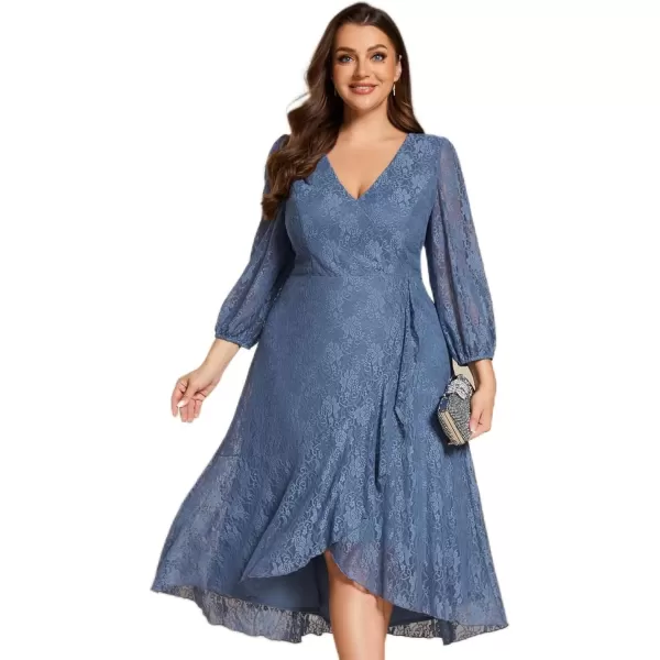 imageEverPretty Womens V Neck Lace Fall Winter Formal Dresses Plus Size Midi Wedding Guest Dresses with Lantern Sleeves 02238DADusty Navy