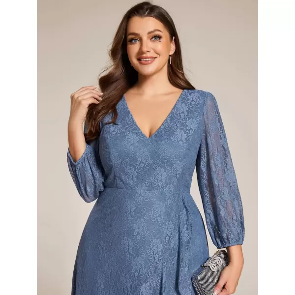 imageEverPretty Womens V Neck Lace Fall Winter Formal Dresses Plus Size Midi Wedding Guest Dresses with Lantern Sleeves 02238DADusty Navy