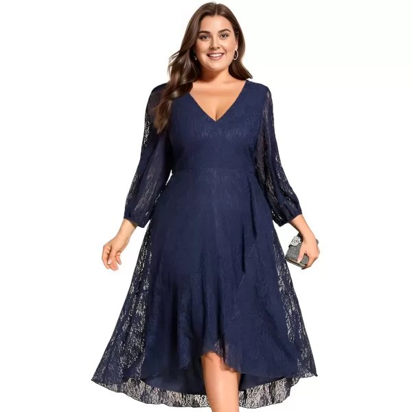 imageEverPretty Womens V Neck Lace Fall Winter Formal Dresses Plus Size Midi Wedding Guest Dresses with Lantern Sleeves 02238DANavy Blue