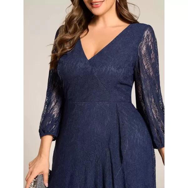 imageEverPretty Womens V Neck Lace Fall Winter Formal Dresses Plus Size Midi Wedding Guest Dresses with Lantern Sleeves 02238DANavy Blue