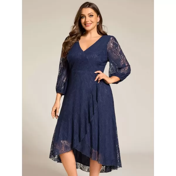 imageEverPretty Womens V Neck Lace Fall Winter Formal Dresses Plus Size Midi Wedding Guest Dresses with Lantern Sleeves 02238DANavy Blue