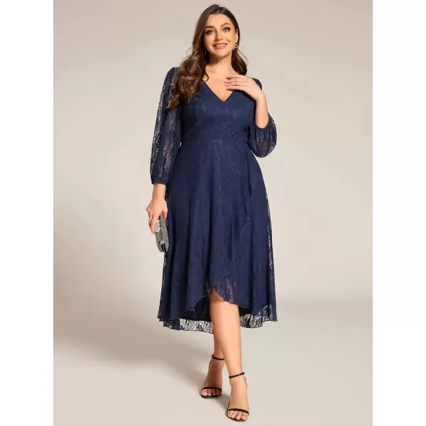 imageEverPretty Womens V Neck Lace Fall Winter Formal Dresses Plus Size Midi Wedding Guest Dresses with Lantern Sleeves 02238DANavy Blue