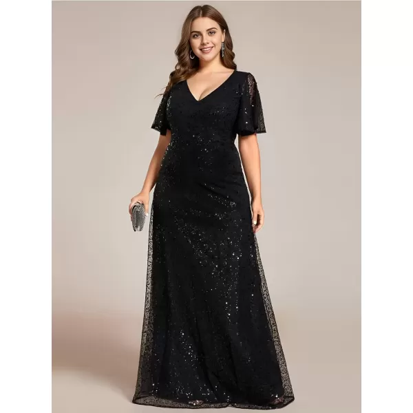 imageEverPretty Womens V Neck Short Sleeves Plus Size Sequin A Line Maxi Evening DressesAblack