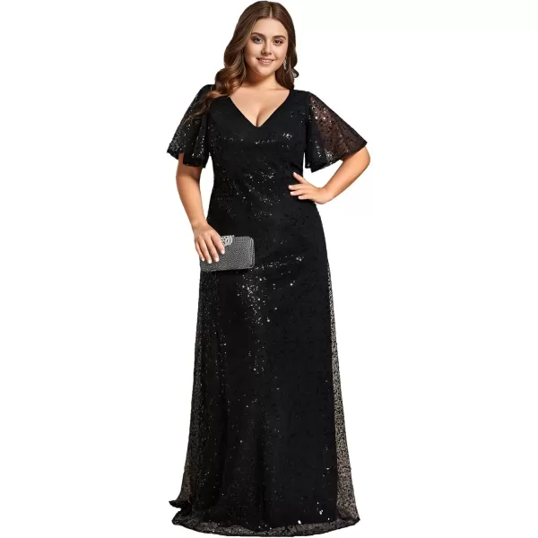 imageEverPretty Womens V Neck Short Sleeves Plus Size Sequin A Line Maxi Evening DressesAblack