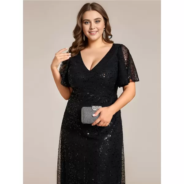 imageEverPretty Womens V Neck Short Sleeves Plus Size Sequin A Line Maxi Evening DressesAblack