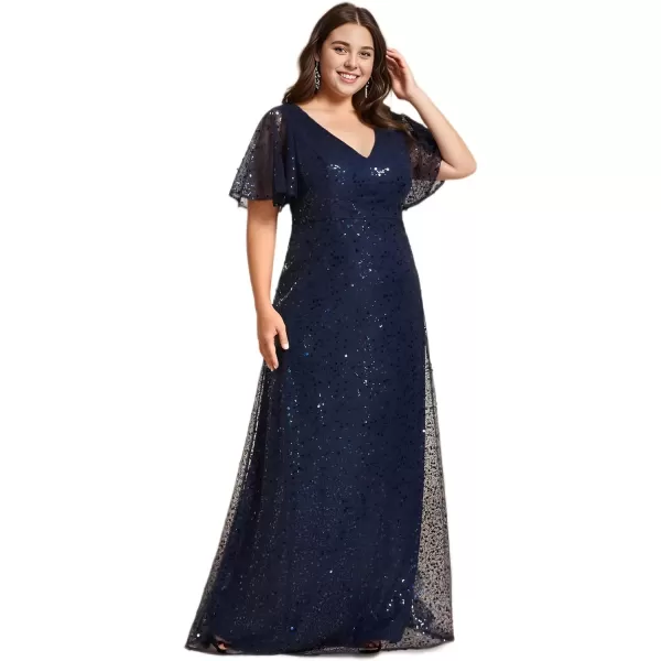 imageEverPretty Womens V Neck Short Sleeves Plus Size Sequin A Line Maxi Evening DressesAnavy Blue