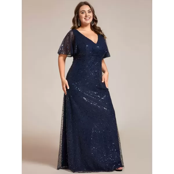 imageEverPretty Womens V Neck Short Sleeves Plus Size Sequin A Line Maxi Evening DressesAnavy Blue