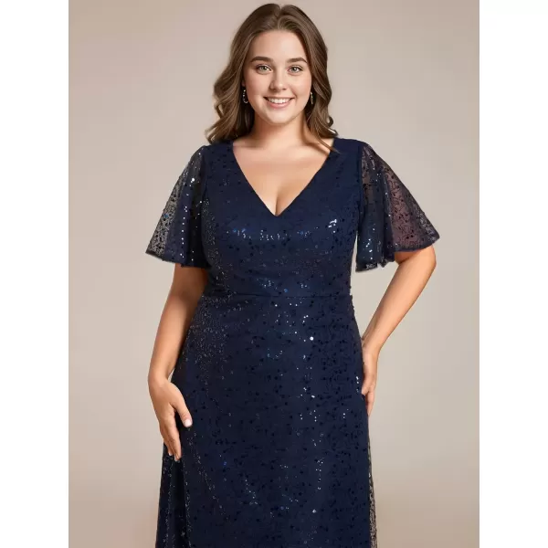 imageEverPretty Womens V Neck Short Sleeves Plus Size Sequin A Line Maxi Evening DressesAnavy Blue