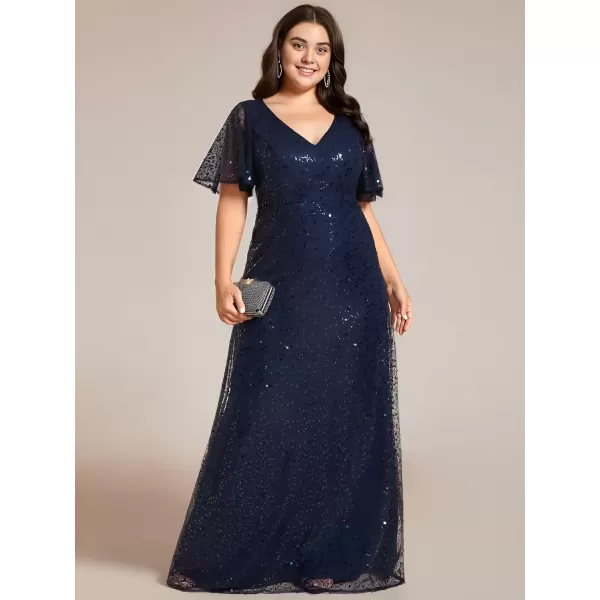 imageEverPretty Womens V Neck Short Sleeves Plus Size Sequin A Line Maxi Evening DressesAnavy Blue