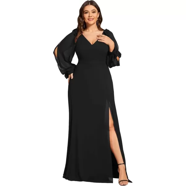 imageEverPretty Womens VNeck Elegant Chiffon Long Sleeve Plus Size Side Slit Formal Dress Black1 US20