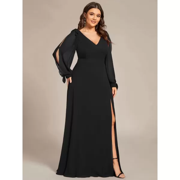 imageEverPretty Womens VNeck Elegant Chiffon Long Sleeve Plus Size Side Slit Formal Dress Black1 US20