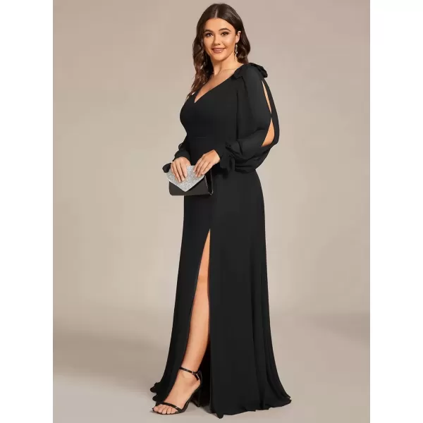 imageEverPretty Womens VNeck Elegant Chiffon Long Sleeve Plus Size Side Slit Formal Dress Black1 US20