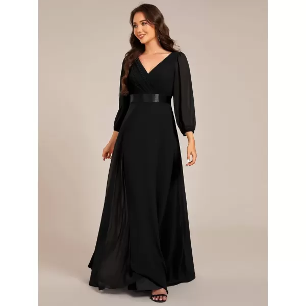 imageEverPretty Womens Chiffon ALine Floor Length V Neck Long Sleeves Pleated Maxi Formal Dress 03890Black