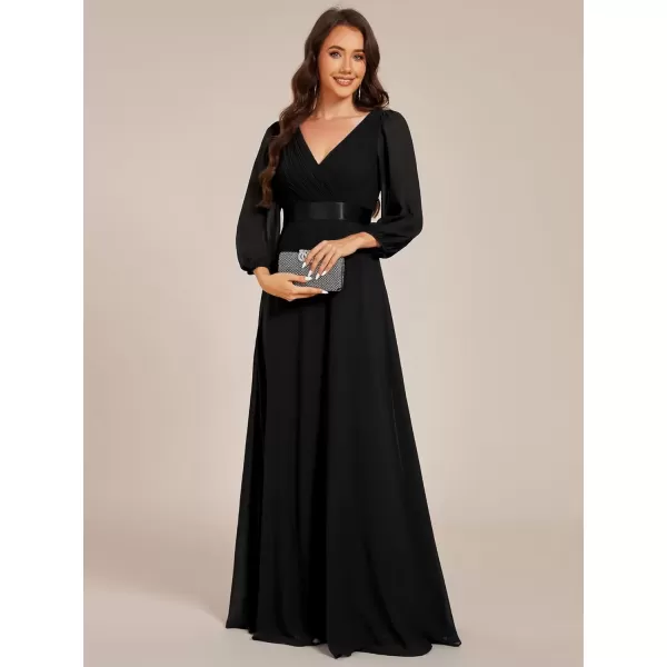 imageEverPretty Womens Chiffon ALine Floor Length V Neck Long Sleeves Pleated Maxi Formal Dress 03890Black