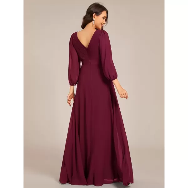 imageEverPretty Womens Chiffon ALine Floor Length V Neck Long Sleeves Pleated Maxi Formal Dress 03890Burgundy