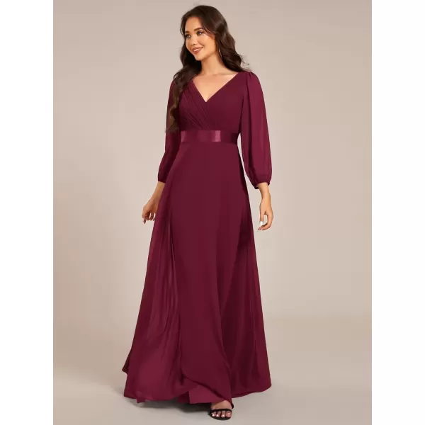 imageEverPretty Womens Chiffon ALine Floor Length V Neck Long Sleeves Pleated Maxi Formal Dress 03890Burgundy