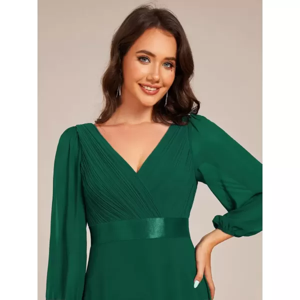 imageEverPretty Womens Chiffon ALine Floor Length V Neck Long Sleeves Pleated Maxi Formal Dress 03890Dark Green