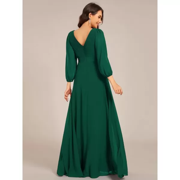 imageEverPretty Womens Chiffon ALine Floor Length V Neck Long Sleeves Pleated Maxi Formal Dress 03890Dark Green