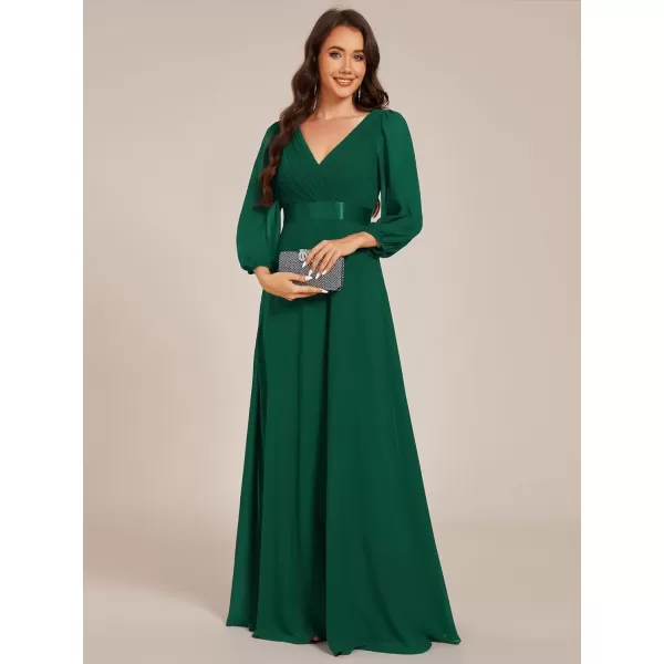 imageEverPretty Womens Chiffon ALine Floor Length V Neck Long Sleeves Pleated Maxi Formal Dress 03890Dark Green