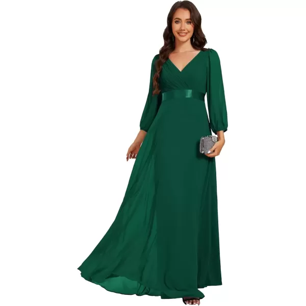 imageEverPretty Womens Chiffon ALine Floor Length V Neck Long Sleeves Pleated Maxi Formal Dress 03890Dark Green