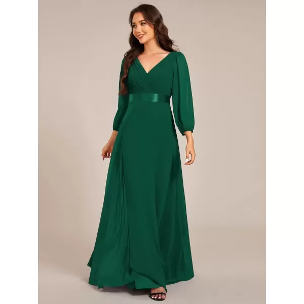 imageEverPretty Womens Chiffon ALine Floor Length V Neck Long Sleeves Pleated Maxi Formal Dress 03890Dark Green