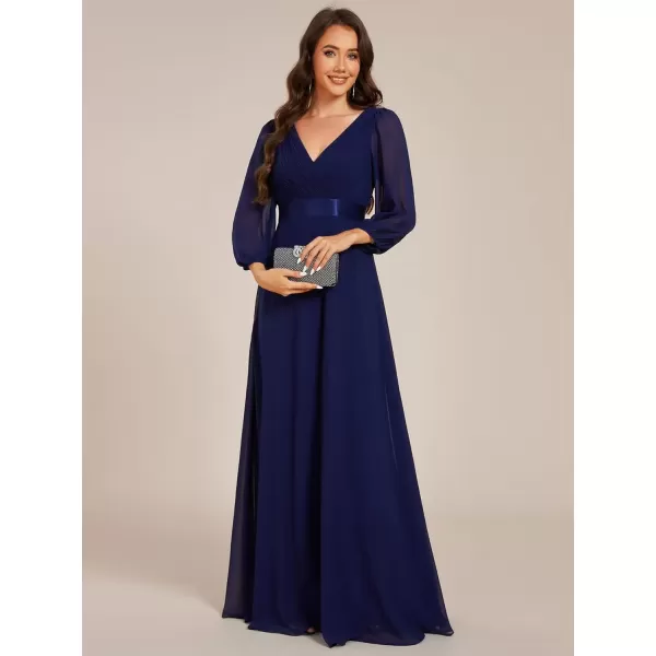 imageEverPretty Womens Chiffon ALine Floor Length V Neck Long Sleeves Pleated Maxi Formal Dress 03890Navy Blue