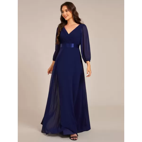 imageEverPretty Womens Chiffon ALine Floor Length V Neck Long Sleeves Pleated Maxi Formal Dress 03890Navy Blue