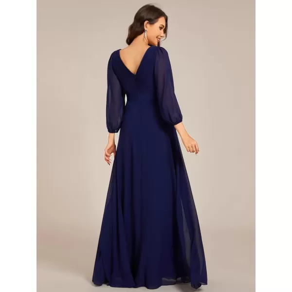 imageEverPretty Womens Chiffon ALine Floor Length V Neck Long Sleeves Pleated Maxi Formal Dress 03890Navy Blue