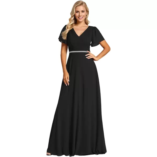 imageEverPretty Womens Chiffon Formal Dress ALine V Neck Ruffle Sleeves Floor Length Evening Gown 11981Black