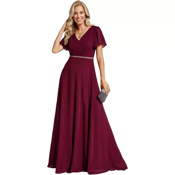 imageEverPretty Womens Chiffon Formal Dress ALine V Neck Ruffle Sleeves Floor Length Evening Gown 11981Burgundy