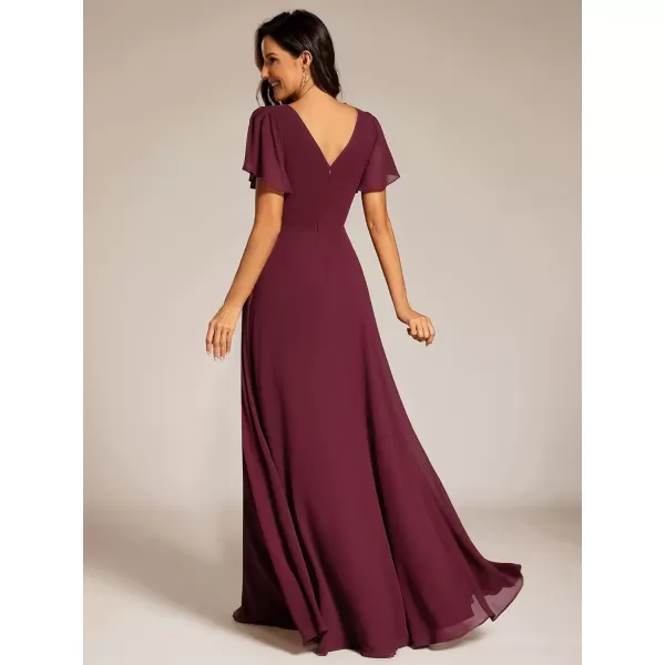 imageEverPretty Womens Chiffon Formal Dress ALine V Neck Ruffle Sleeves Floor Length Evening Gown 11981Burgundy