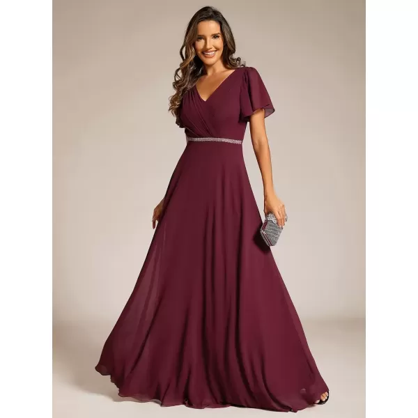 imageEverPretty Womens Chiffon Formal Dress ALine V Neck Ruffle Sleeves Floor Length Evening Gown 11981Burgundy