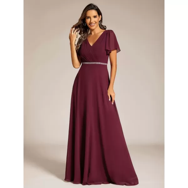 imageEverPretty Womens Chiffon Formal Dress ALine V Neck Ruffle Sleeves Floor Length Evening Gown 11981Burgundy