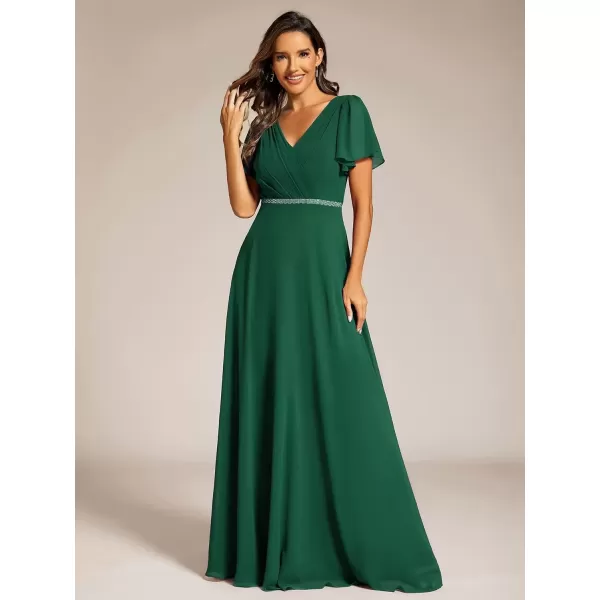 imageEverPretty Womens Chiffon Formal Dress ALine V Neck Ruffle Sleeves Floor Length Evening Gown 11981Dark Green