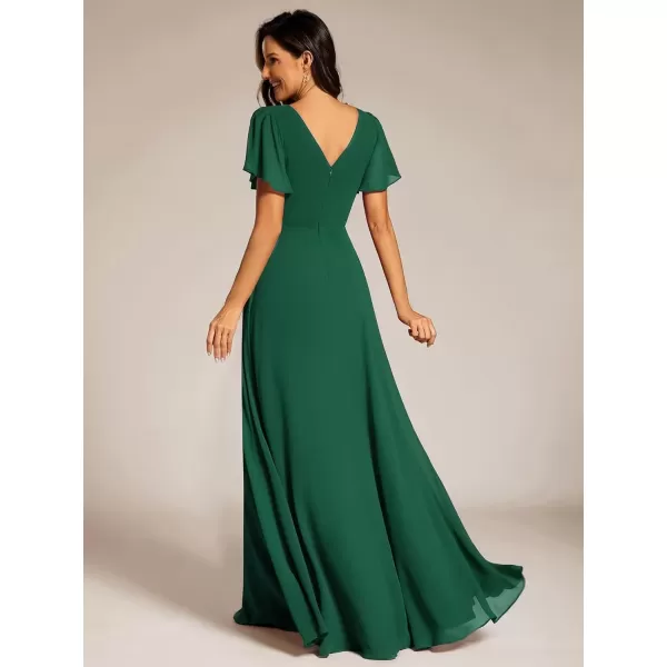 imageEverPretty Womens Chiffon Formal Dress ALine V Neck Ruffle Sleeves Floor Length Evening Gown 11981Dark Green