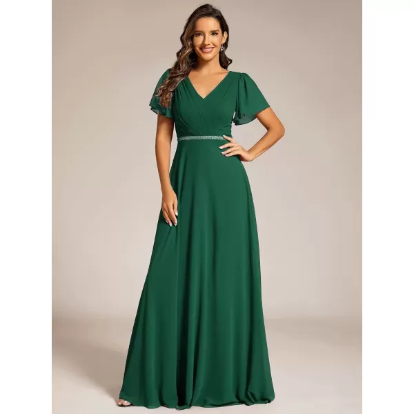 imageEverPretty Womens Chiffon Formal Dress ALine V Neck Ruffle Sleeves Floor Length Evening Gown 11981Dark Green