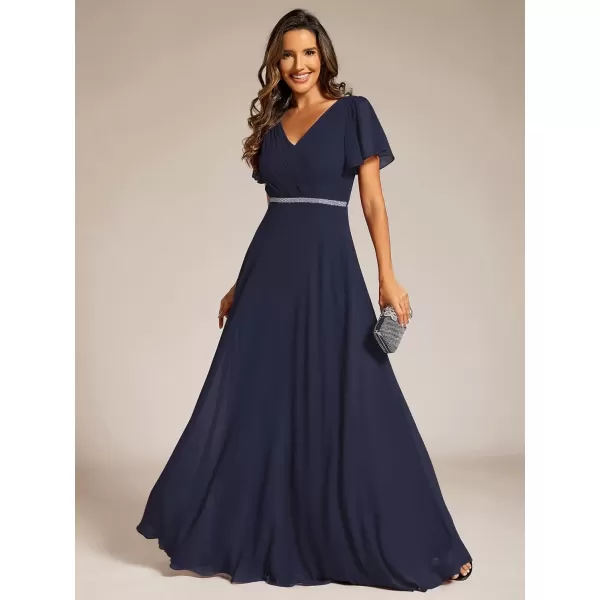 imageEverPretty Womens Chiffon Formal Dress ALine V Neck Ruffle Sleeves Floor Length Evening Gown 11981Navy Blue