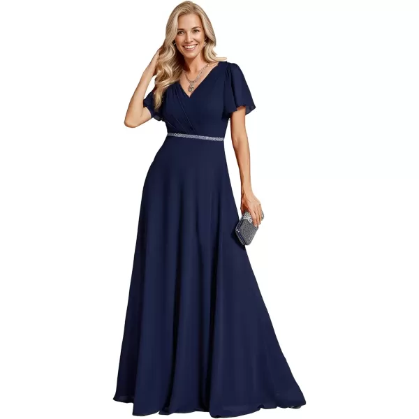 imageEverPretty Womens Chiffon Formal Dress ALine V Neck Ruffle Sleeves Floor Length Evening Gown 11981Navy Blue