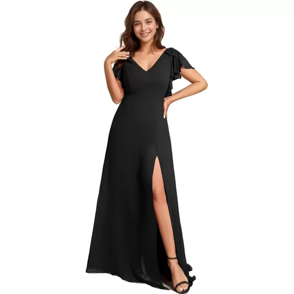 imageEverPretty Womens Chiffon Mother of The Groom Dresses V Neck Split Ruffle Sleeves Formal Dresses 02080PHBlack