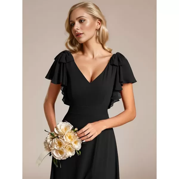 imageEverPretty Womens Chiffon Mother of The Groom Dresses V Neck Split Ruffle Sleeves Formal Dresses 02080PHBlack