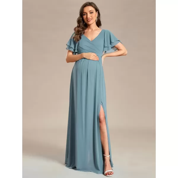 imageEverPretty Womens Chiffon V Neck Short Sleeves Pleated Slit A Line FloorLength Maternity Party Dress 01862EYDemin Blue