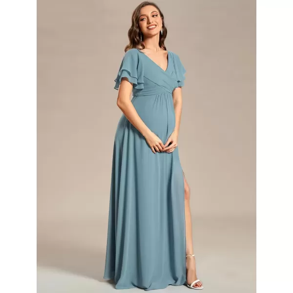 imageEverPretty Womens Chiffon V Neck Short Sleeves Pleated Slit A Line FloorLength Maternity Party Dress 01862EYDemin Blue