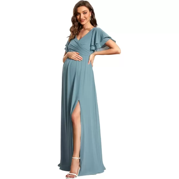 imageEverPretty Womens Chiffon V Neck Short Sleeves Pleated Slit A Line FloorLength Maternity Party Dress 01862EYDemin Blue