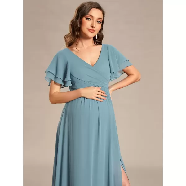 imageEverPretty Womens Chiffon V Neck Short Sleeves Pleated Slit A Line FloorLength Maternity Party Dress 01862EYDemin Blue